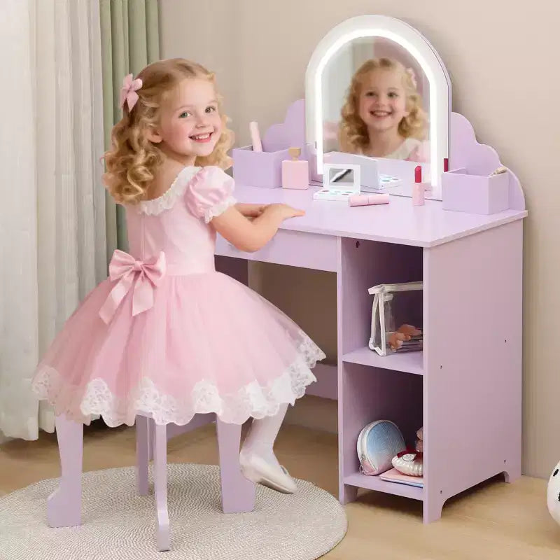 Coiffeuse pour enfants avec miroir lumineux et tabouret, avec tiroir et étagères ouvertes, coiffeuse 2 en 1 pour petites filles de 3 à 9 ans