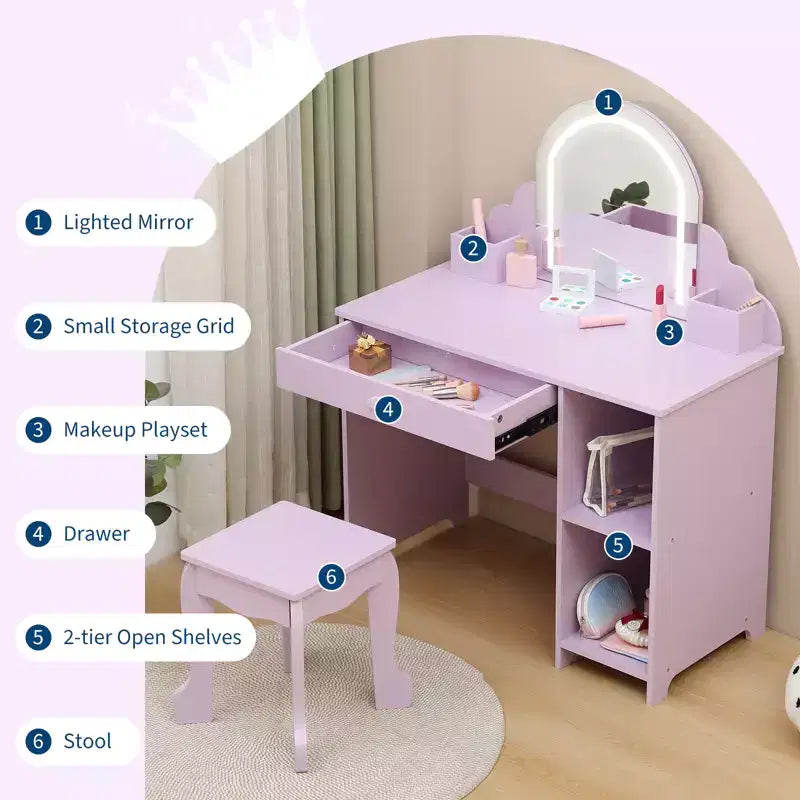 Coiffeuse pour enfants avec miroir lumineux et tabouret, avec tiroir et étagères ouvertes, coiffeuse 2 en 1 pour petites filles de 3 à 9 ans