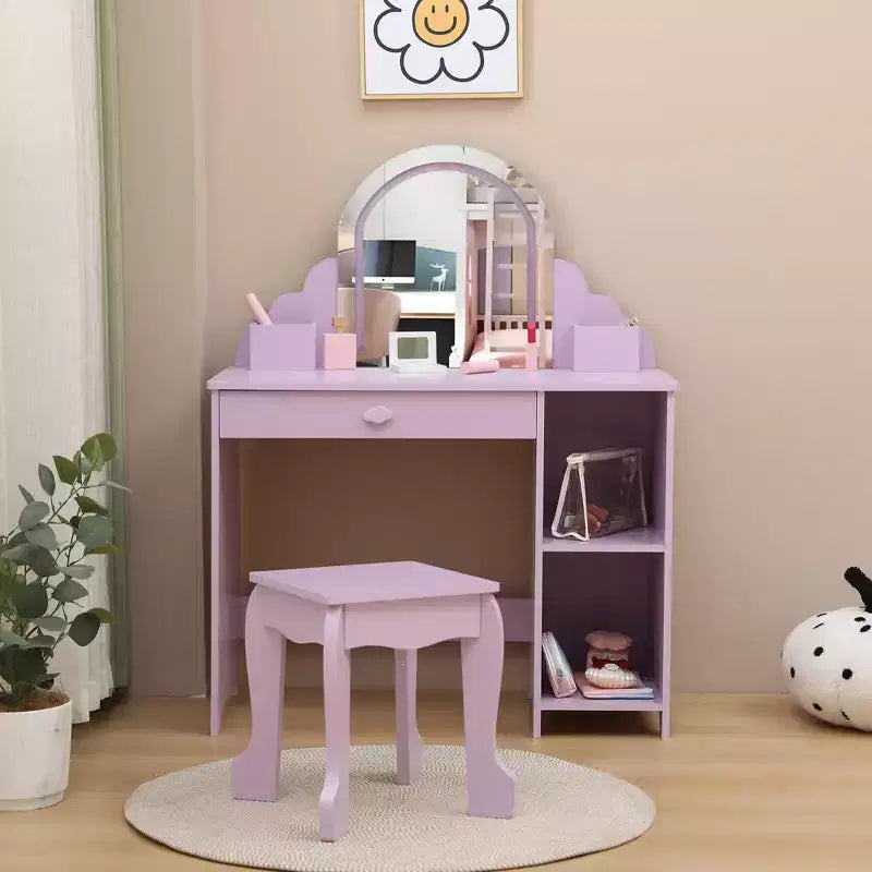 Coiffeuse pour enfants avec miroir lumineux et tabouret, avec tiroir et étagères ouvertes, coiffeuse 2 en 1 pour petites filles de 3 à 9 ans