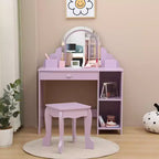 Coiffeuse pour enfants avec miroir lumineux et tabouret, avec tiroir et étagères ouvertes, coiffeuse 2 en 1 pour petites filles de 3 à 9 ans