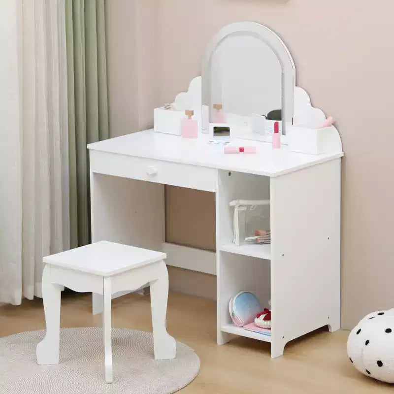 Coiffeuse pour enfants avec miroir lumineux et tabouret, avec tiroir et étagères ouvertes, coiffeuse 2 en 1 pour petites filles de 3 à 9 ans