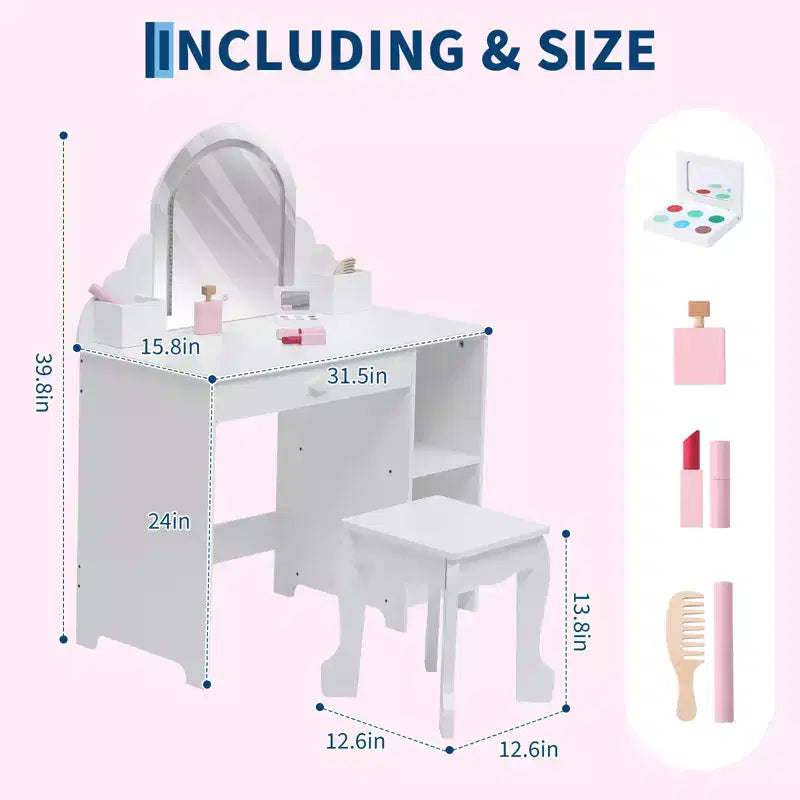 Coiffeuse pour enfants avec miroir lumineux et tabouret, avec tiroir et étagères ouvertes, coiffeuse 2 en 1 pour petites filles de 3 à 9 ans