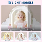 Coiffeuse pour enfants avec miroir lumineux et tabouret, avec tiroir et étagères ouvertes, coiffeuse 2 en 1 pour petites filles de 3 à 9 ans