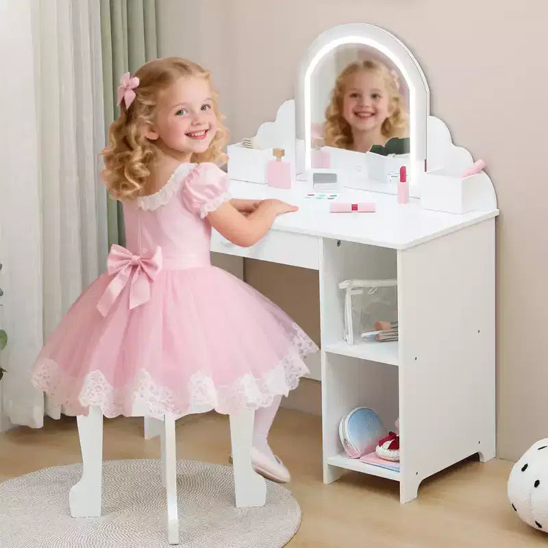 Coiffeuse pour enfants avec miroir lumineux et tabouret, avec tiroir et étagères ouvertes, coiffeuse 2 en 1 pour petites filles de 3 à 9 ans