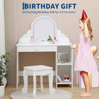 Coiffeuse pour enfants avec miroir lumineux et tabouret, avec tiroir et étagères ouvertes, coiffeuse 2 en 1 pour petites filles de 3 à 9 ans