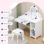 Coiffeuse pour enfants avec miroir lumineux et tabouret, avec tiroir et étagères ouvertes, coiffeuse 2 en 1 pour petites filles de 3 à 9 ans