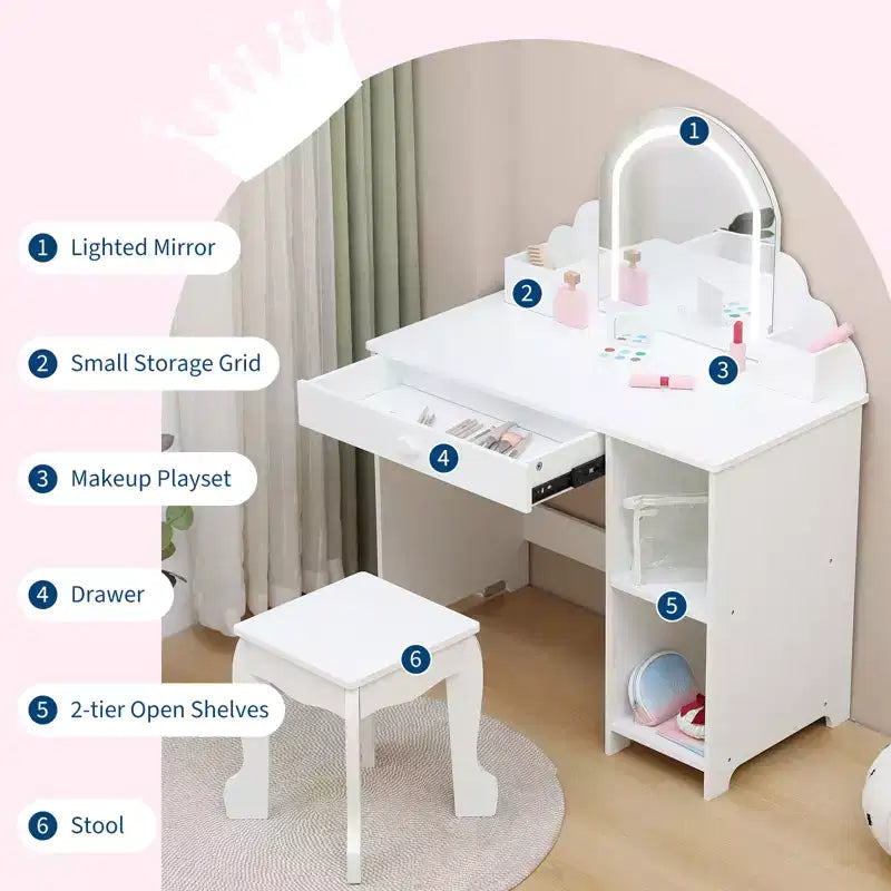 Coiffeuse pour enfants avec miroir lumineux et tabouret, avec tiroir et étagères ouvertes, coiffeuse 2 en 1 pour petites filles de 3 à 9 ans