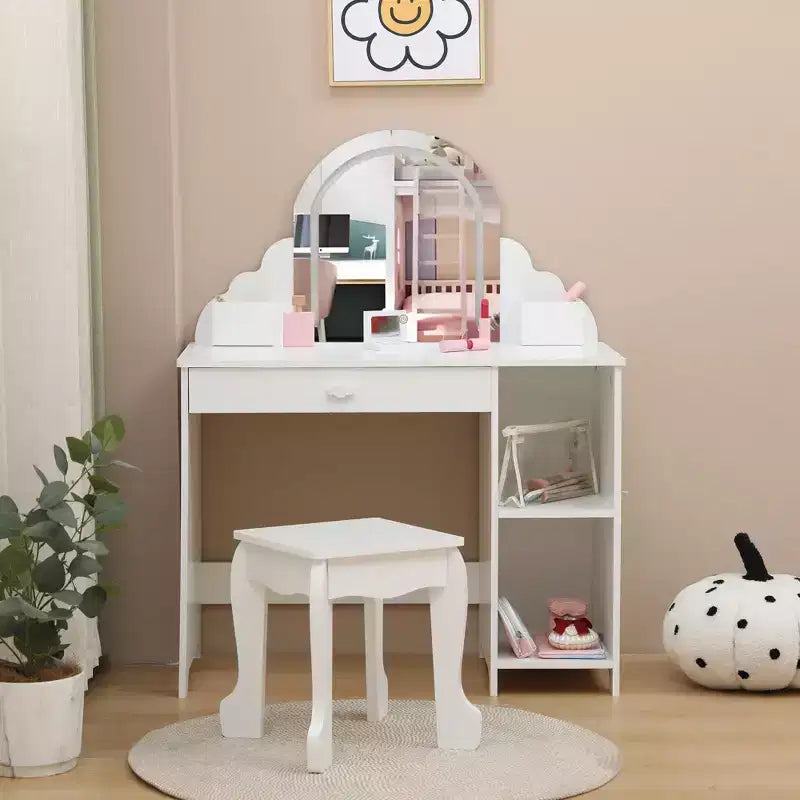 Coiffeuse pour enfants avec miroir lumineux et tabouret, avec tiroir et étagères ouvertes, coiffeuse 2 en 1 pour petites filles de 3 à 9 ans