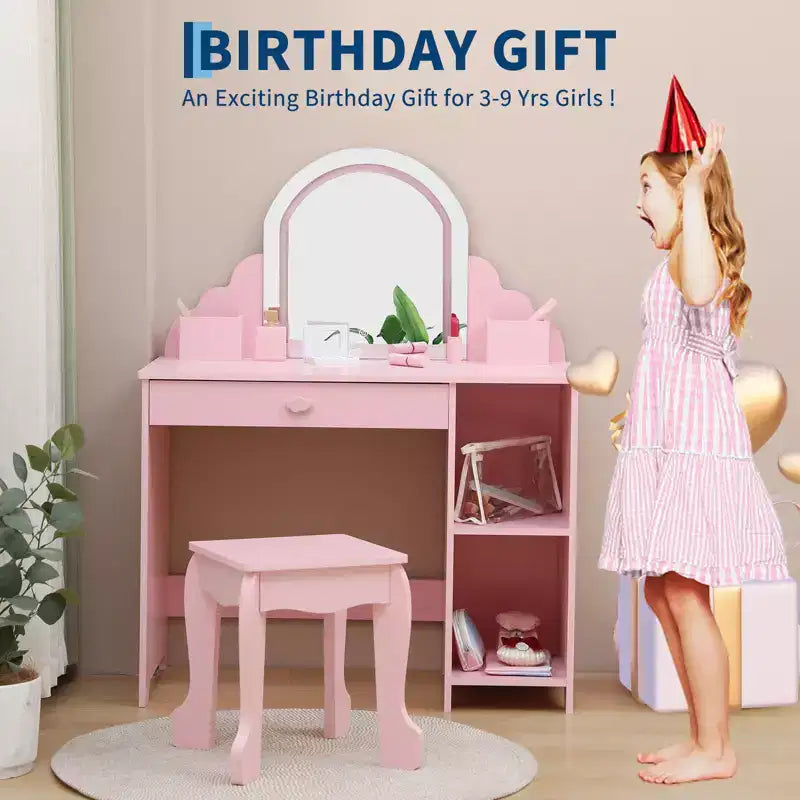 Coiffeuse pour enfants avec miroir lumineux et tabouret, avec tiroir et étagères ouvertes, coiffeuse 2 en 1 pour petites filles de 3 à 9 ans