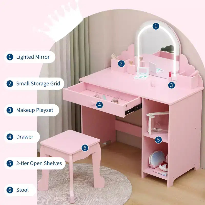 Coiffeuse pour enfants avec miroir lumineux et tabouret, avec tiroir et étagères ouvertes, coiffeuse 2 en 1 pour petites filles de 3 à 9 ans