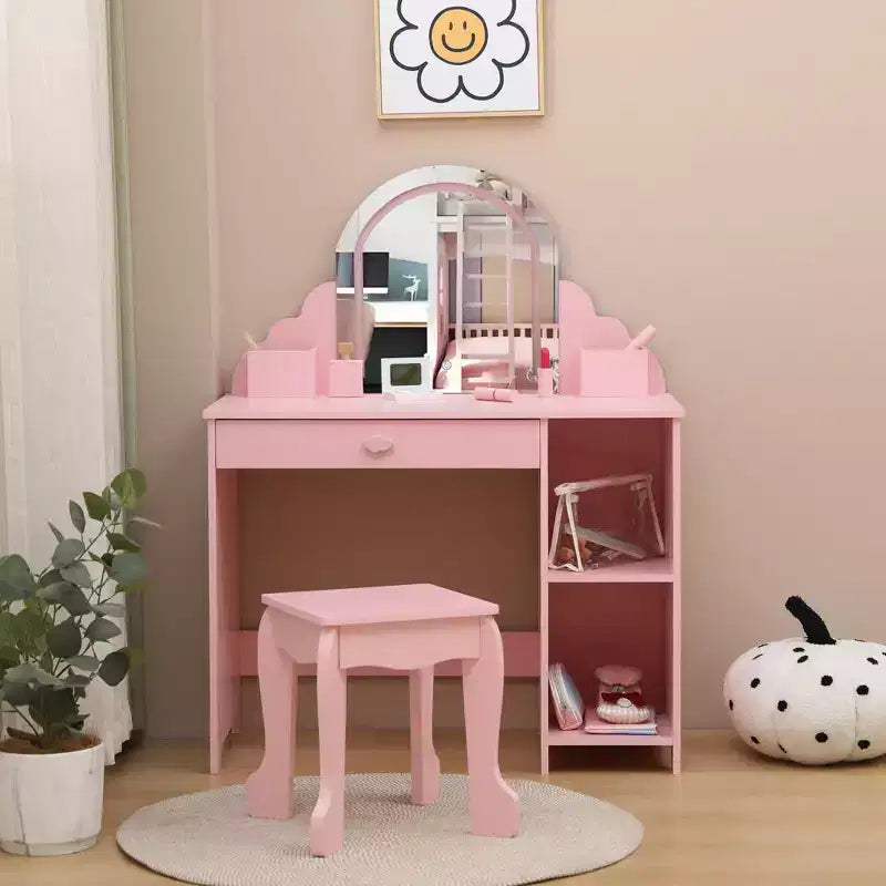 Coiffeuse pour enfants avec miroir lumineux et tabouret, avec tiroir et étagères ouvertes, coiffeuse 2 en 1 pour petites filles de 3 à 9 ans