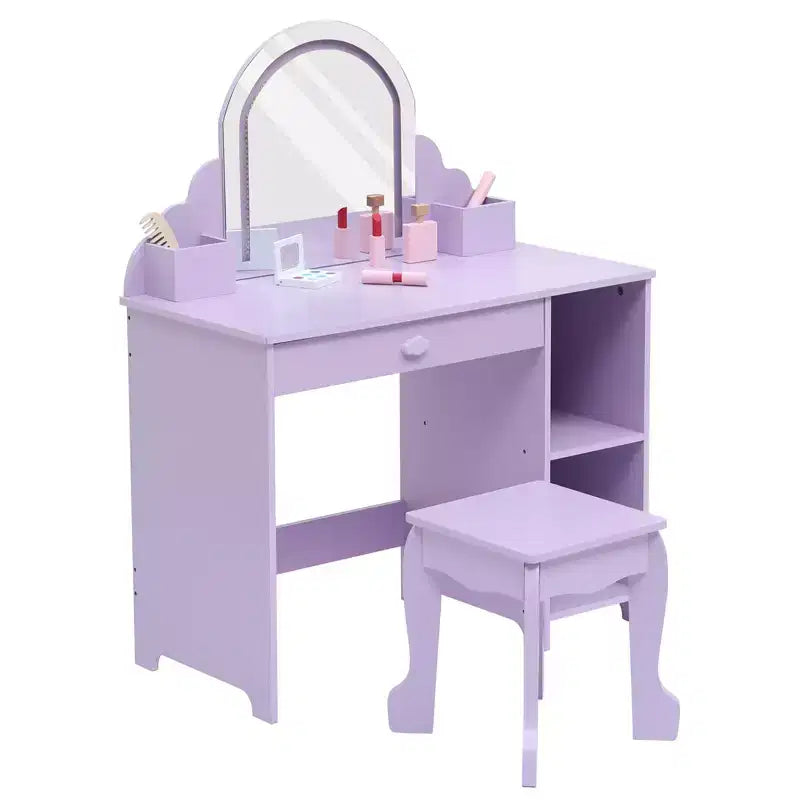 Coiffeuse pour enfants avec miroir lumineux et tabouret, avec tiroir et étagères ouvertes, coiffeuse 2 en 1 pour petites filles de 3 à 9 ans