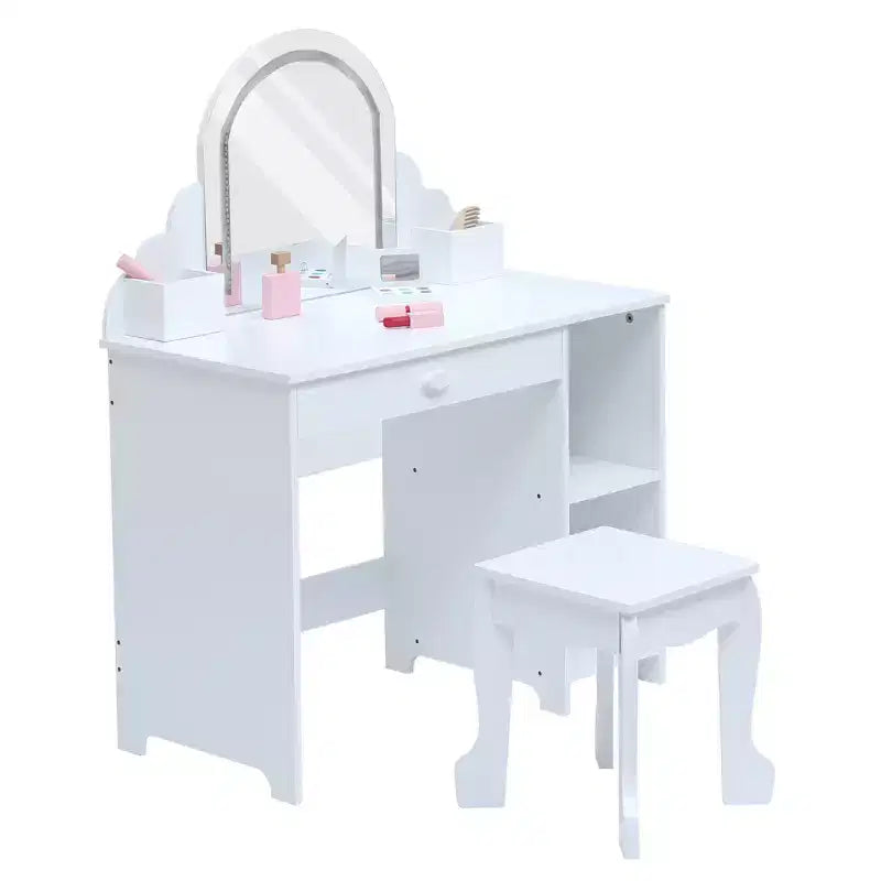 Coiffeuse pour enfants avec miroir lumineux et tabouret, avec tiroir et étagères ouvertes, coiffeuse 2 en 1 pour petites filles de 3 à 9 ans