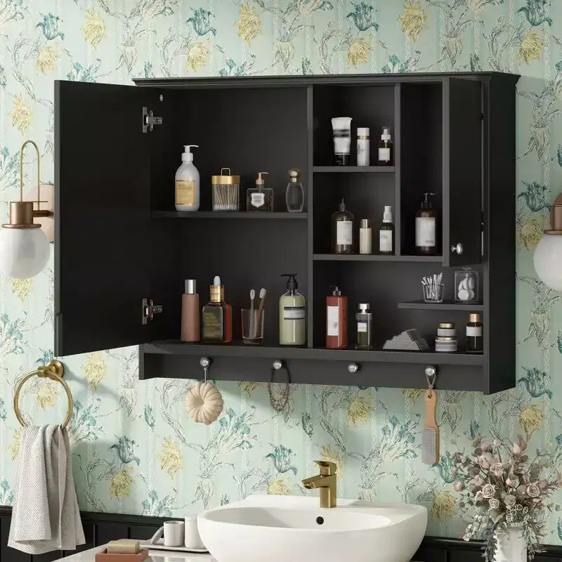 Meuble de Rangement Mural pour Salle de Bain, Armoire à Pharmacie avec Miroir et Étagères Réglables, 1 Porte et Crochets à Serviettes, Organisateur de Salle de Bain