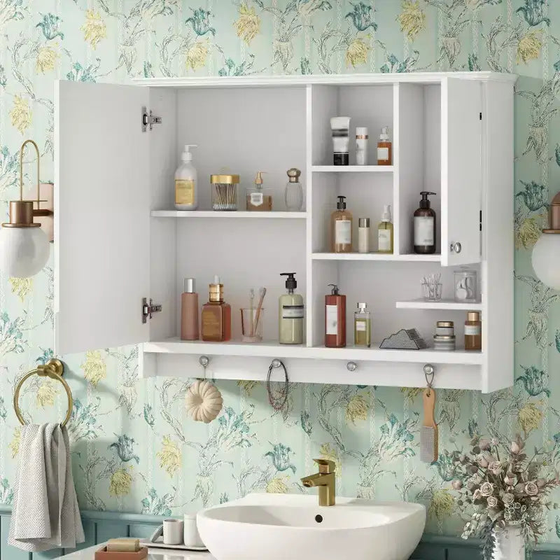 Meuble de Rangement Mural pour Salle de Bain, Armoire à Pharmacie avec Miroir et Étagères Réglables, 1 Porte et Crochets à Serviettes, Organisateur de Salle de Bain