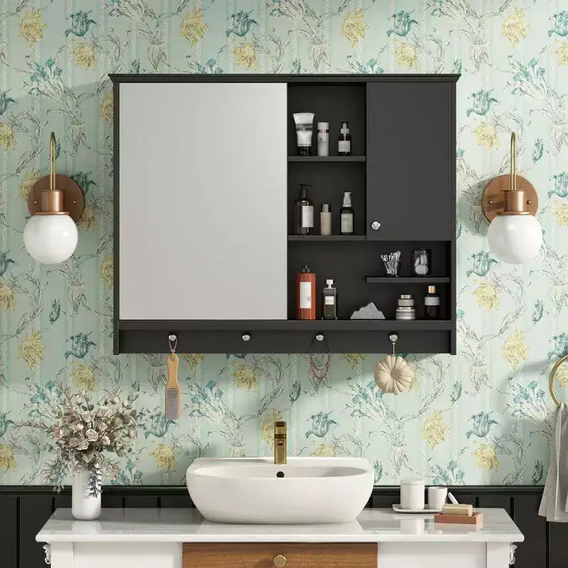 Meuble de Rangement Mural pour Salle de Bain, Armoire à Pharmacie avec Miroir et Étagères Réglables, 1 Porte et Crochets à Serviettes, Organisateur de Salle de Bain