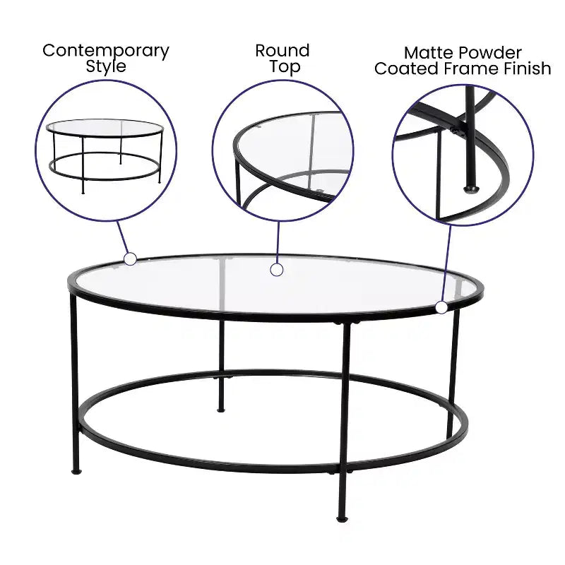 Table basse de salon en verre avec cadre métallique rond