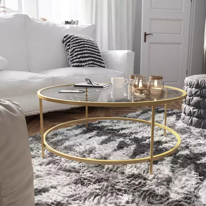 Table basse de salon en verre avec cadre métallique rond