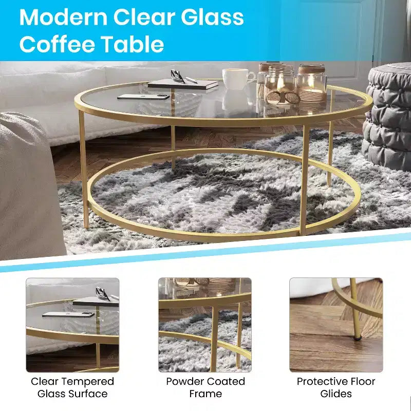 Table basse de salon en verre avec cadre métallique rond